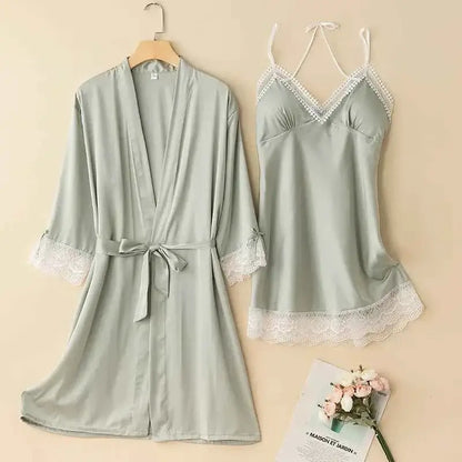 Sexy Lace Trim Nightgown Kimono Bathrobe Gown Loose Silk Satin Home Wear Loungewear Sleepwear Summer New Female Twinset Robe Set - Urban Heaven Co