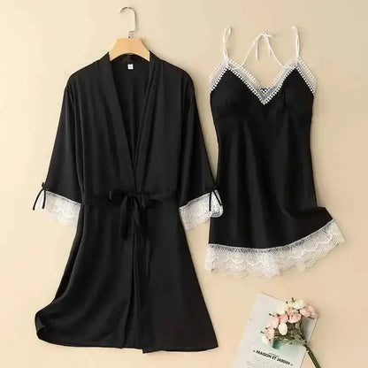 Sexy Lace Trim Nightgown Kimono Bathrobe Gown Loose Silk Satin Home Wear Loungewear Sleepwear Summer New Female Twinset Robe Set - Urban Heaven Co