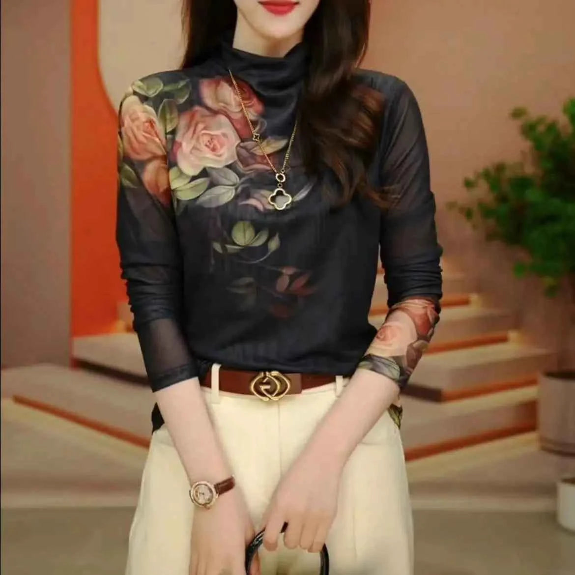 Women Harajuku Long Sleeved Net Yarn Tie Dye Underlay Tops Women New Westernization Turtleneck Printing T-shirt - Urban Heaven Co