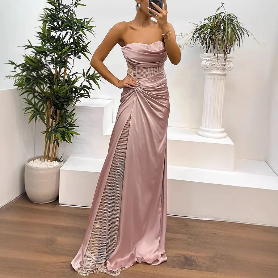 Elegant Strapless Sequin Party Dress for Women - Spring Summer High Slit Fashion Dress - Urban Heaven Co