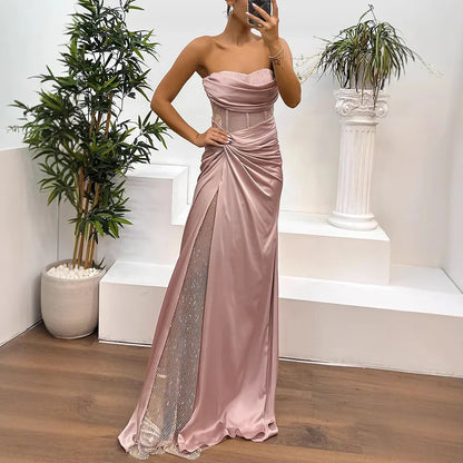 Elegant Strapless Sequin Party Dress for Women - Spring Summer High Slit Fashion Dress - Urban Heaven Co