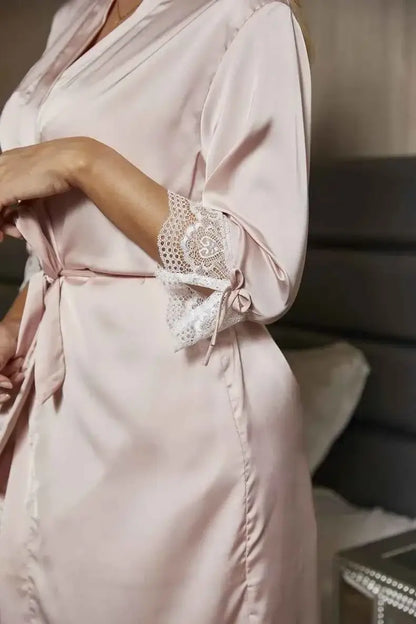 Sexy Lace Trim Nightgown Kimono Bathrobe Gown Loose Silk Satin Home Wear Loungewear Sleepwear Summer New Female Twinset Robe Set - Urban Heaven Co