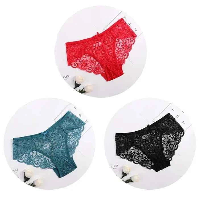 3PCS Lace Panties Set for Women - Sexy Transparent Floral Underwear with Bow and Hollow Out Design, Available in S, M, L, XL - Urban Heaven Co