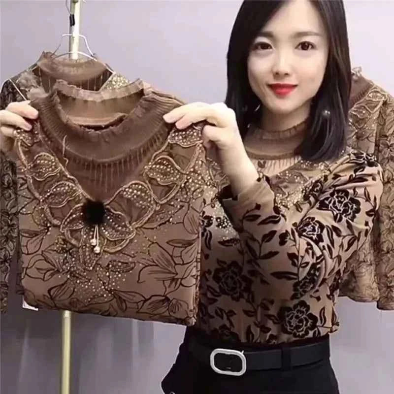 Add Velvet Lace Bottoming Shirt Blouse Women&