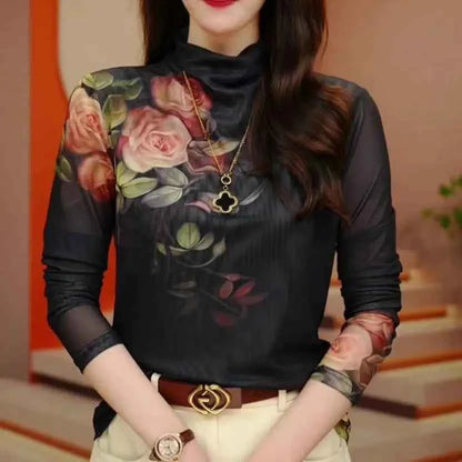 Women Harajuku Long Sleeved Net Yarn Tie Dye Underlay Tops Women New Westernization Turtleneck Printing T-shirt - Urban Heaven Co