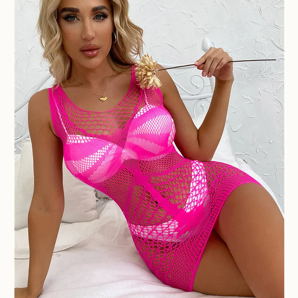 Sexy Women Fishnet Halter Backless Dress Low Cut Tight Pencil Cute Dress Plus Size Mini Dress. - Urban Heaven Co