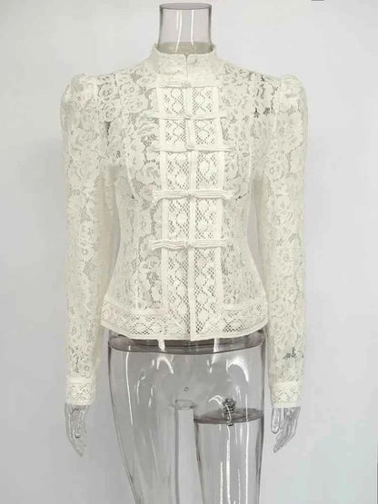 Tossy Summer Lace Printed Shirts Tops Female Hollow Out Fashion Commute Vintage See-Through Blouse. - Urban Heaven Co