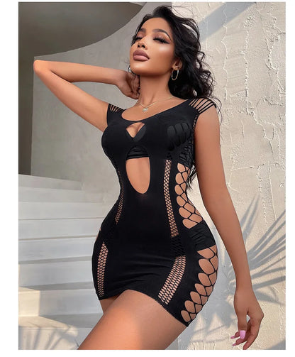 Sexy Women Fishnet Halter Backless Dress Low Cut Tight Pencil Cute Dress Plus Size Mini Dress. - Urban Heaven Co