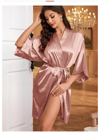 Summer Lace-Up Bathrobe Women – Sexy Ice Silk Gown &amp; Morning Robe for Home - Urban Heaven Co