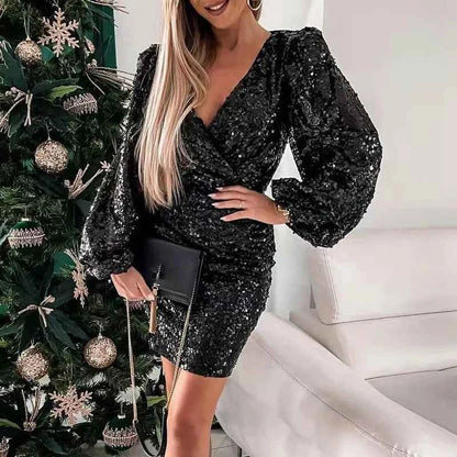 New V Neck Sequin Party Dress with Puff Shoulders | Sexy Bodycon Mini Dress for Office Ladies - Urban Heaven Co
