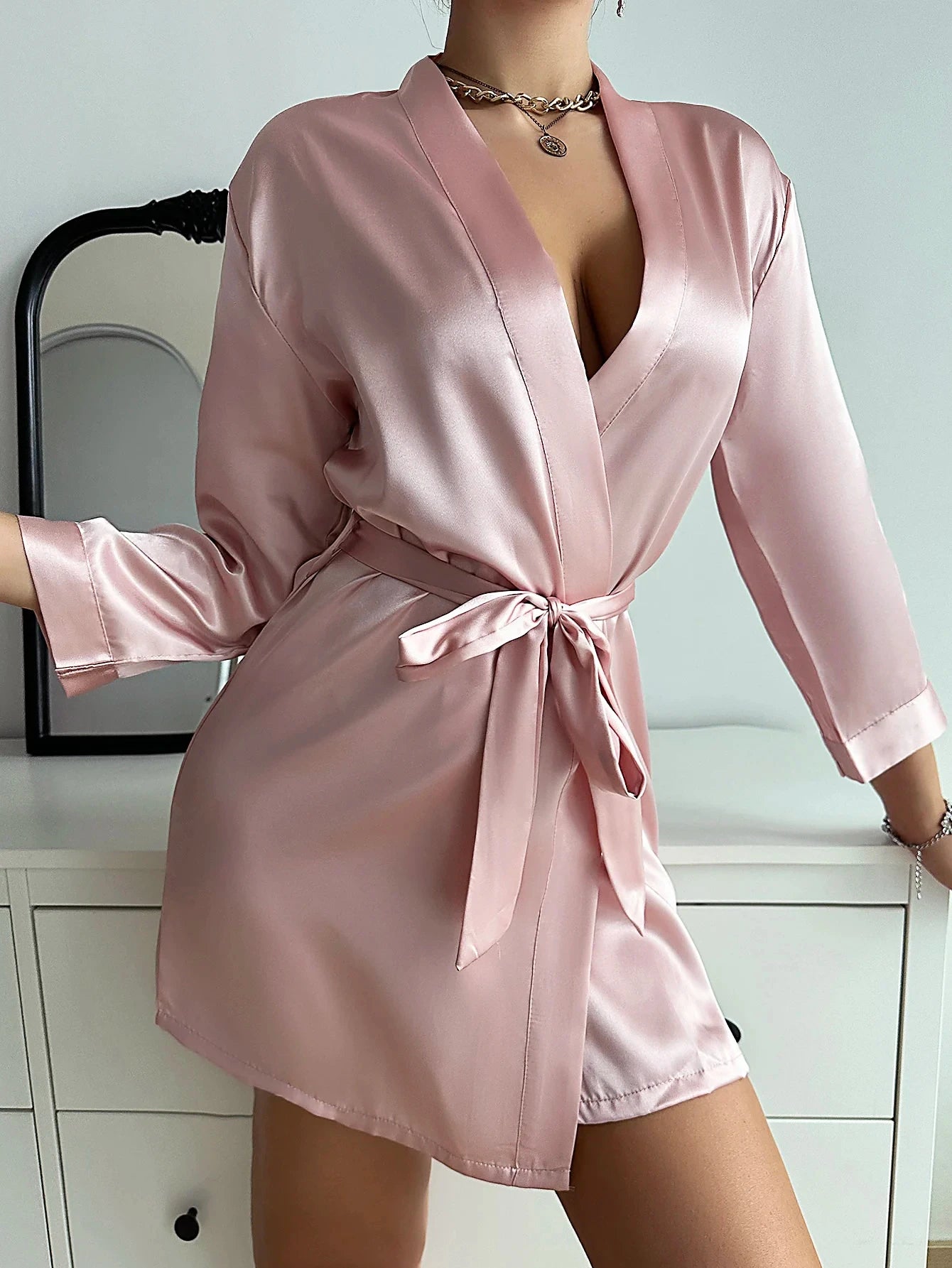 Womens Silk Robe - V-Neck Sexy Short Satin Kimono with Belt for Sleepwear and Bridesmaid Dressing Gown - Urban Heaven Co
