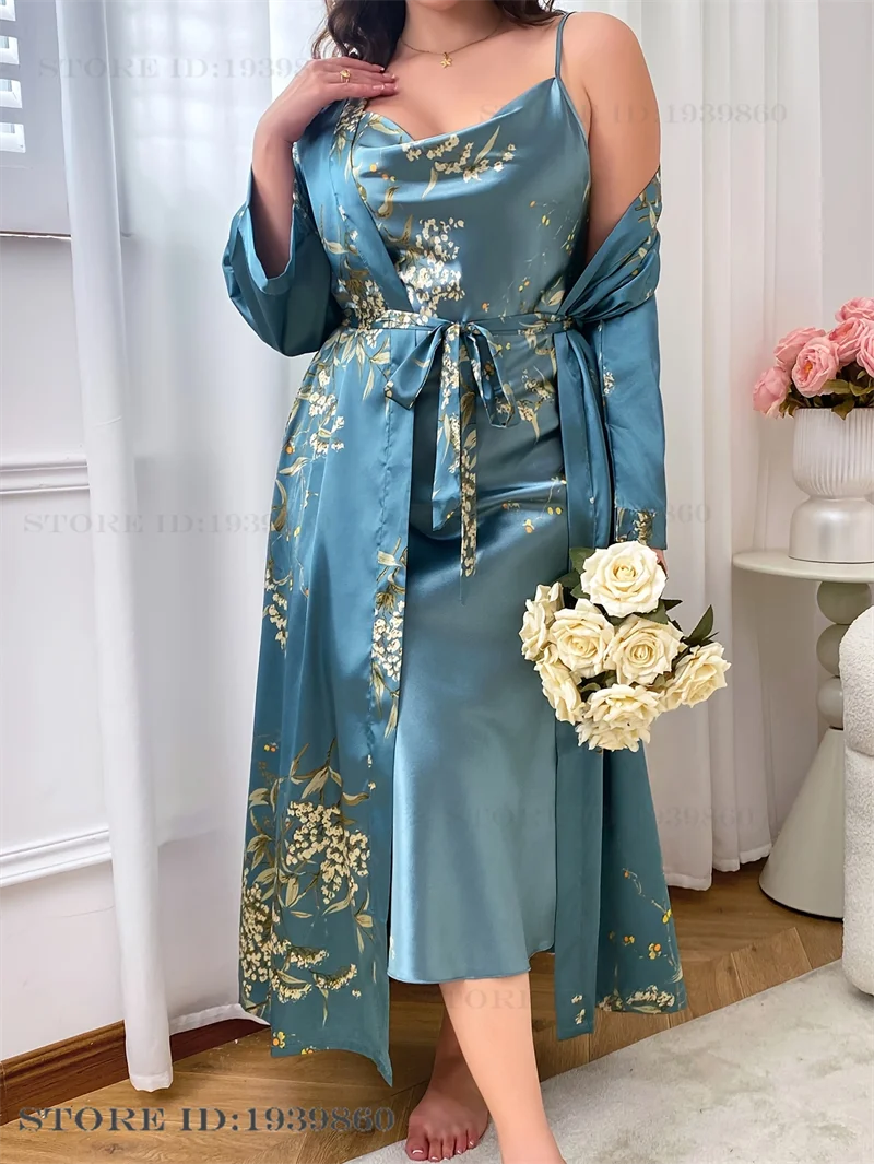 Large Size Female 2Pcs Robe Set Nightgown Print Cherry Long Kimono Bathrobe Gown Sleepwear. - Urban Heaven Co