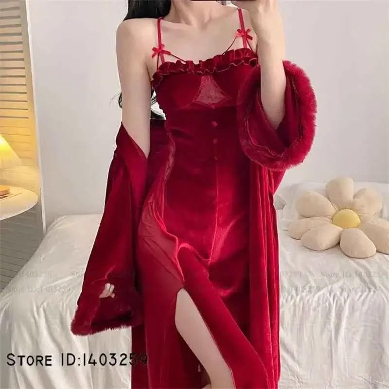 Sexy Velvet Hollow Lace Twinset Robe Set Female Long Nightgown Lingerie Elegant Kimono Bathrobe Gown Loose Sleepwear