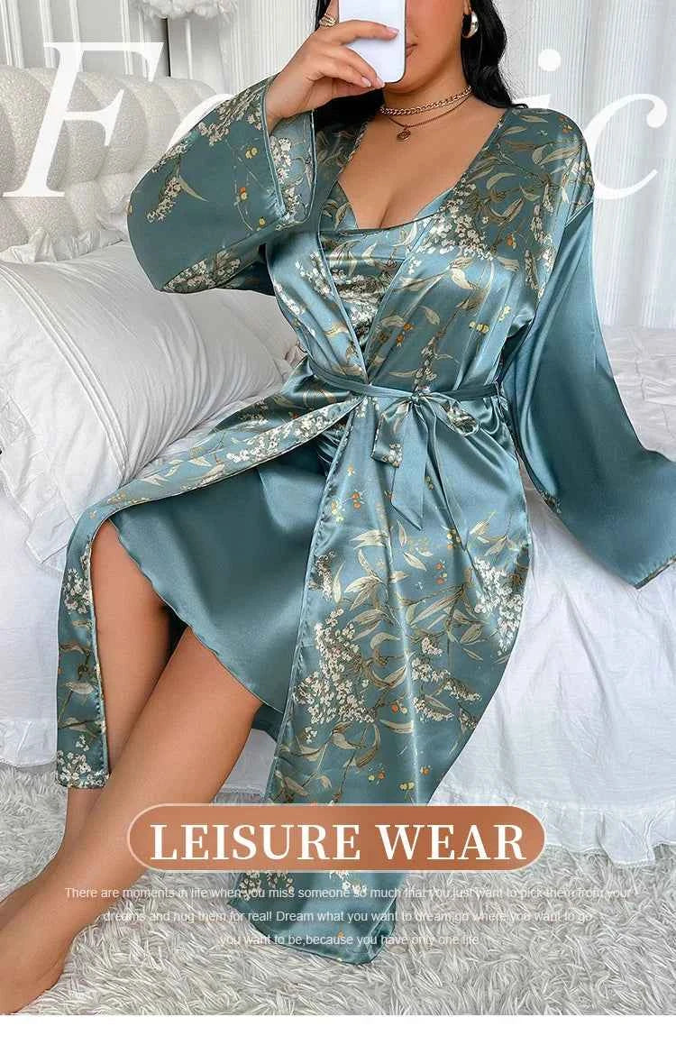 2PCS Robe Set Nightgown Print Flower Kimono Bathrobe Gown Plus Size Silk Satin Sleepwear - Urban Heaven Co