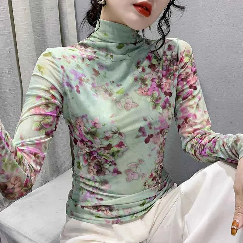 T Shirt Women Turtleneck Full Sleeve Printed Flowers Base Tees Female Sweet T-shirts - Urban Heaven Co