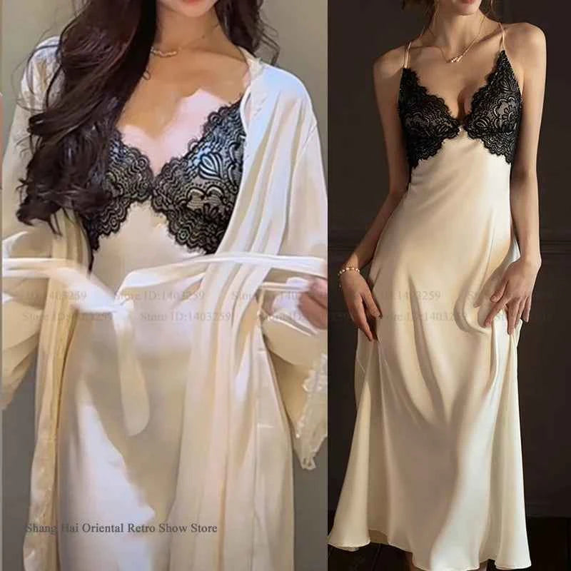 Sexy Femlae Long Robe Nightgown 2PCS Set Spring Summer New Silk Satin Sleepwear Nightdress Lingerie Patchwork Lace Homewear - Urban Heaven Co
