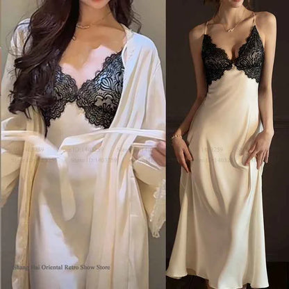 Sexy Femlae Long Robe Nightgown 2PCS Set Spring Summer New Silk Satin Sleepwear Nightdress Lingerie Patchwork Lace Homewear - Urban Heaven Co
