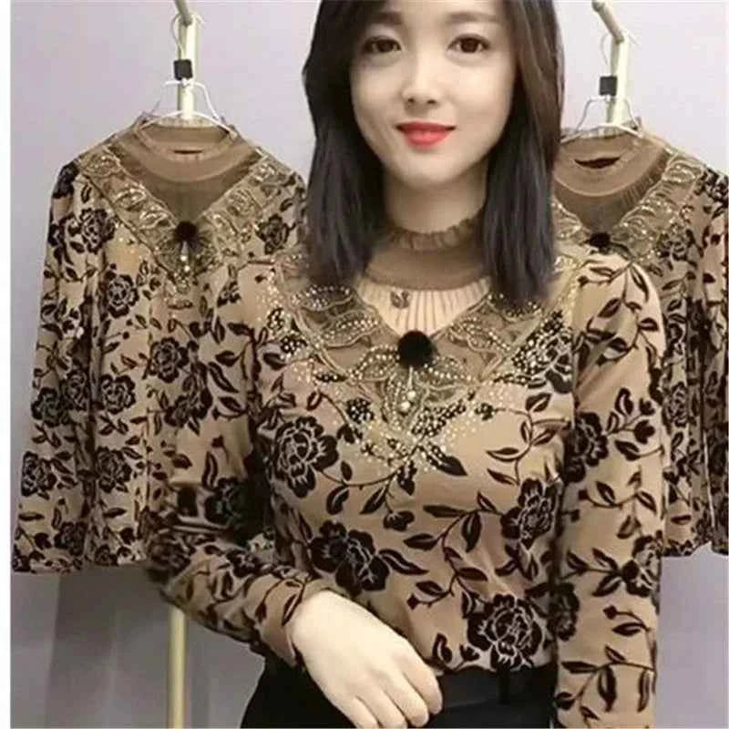 Add Velvet Lace Bottoming Shirt Blouse Women&
